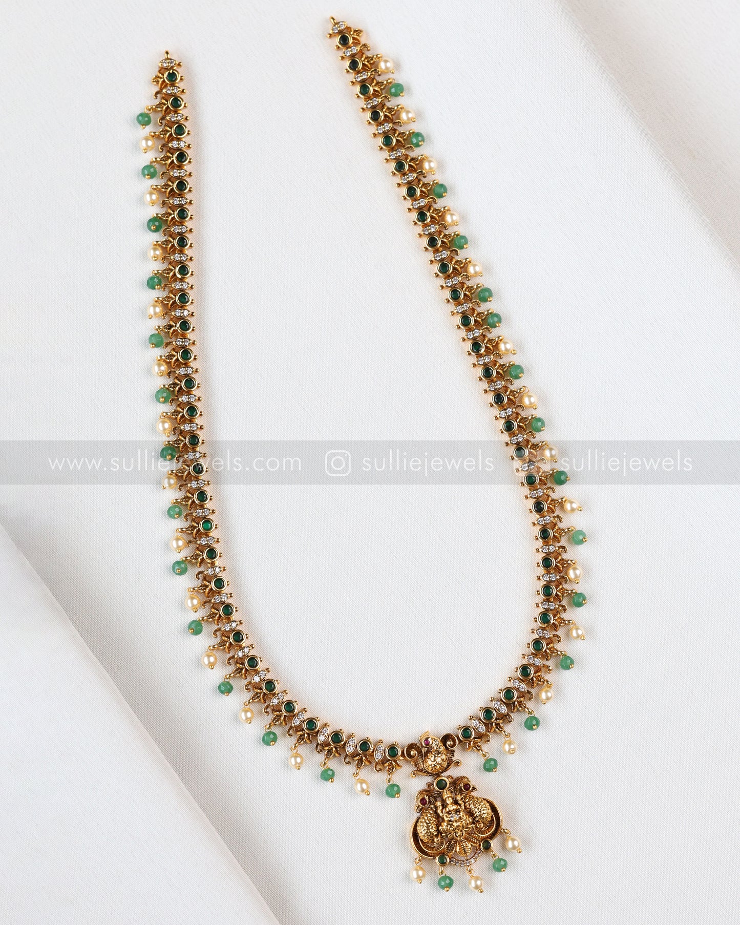 7213 - Minimal Green Stone Gold Peacock Long Chain with Stud