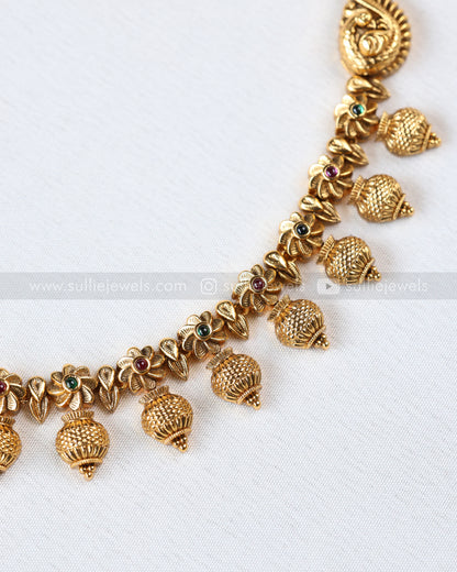 3905 - No Idol Gold Beads Floral Necklace with Jhumka
