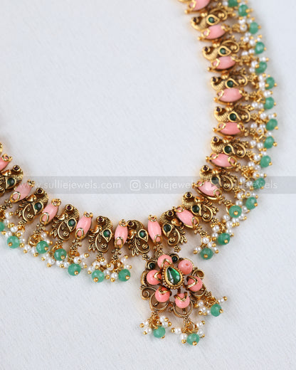 7211 - Peacock Peach Guttapusalu Haram with Mint beads and Earrings