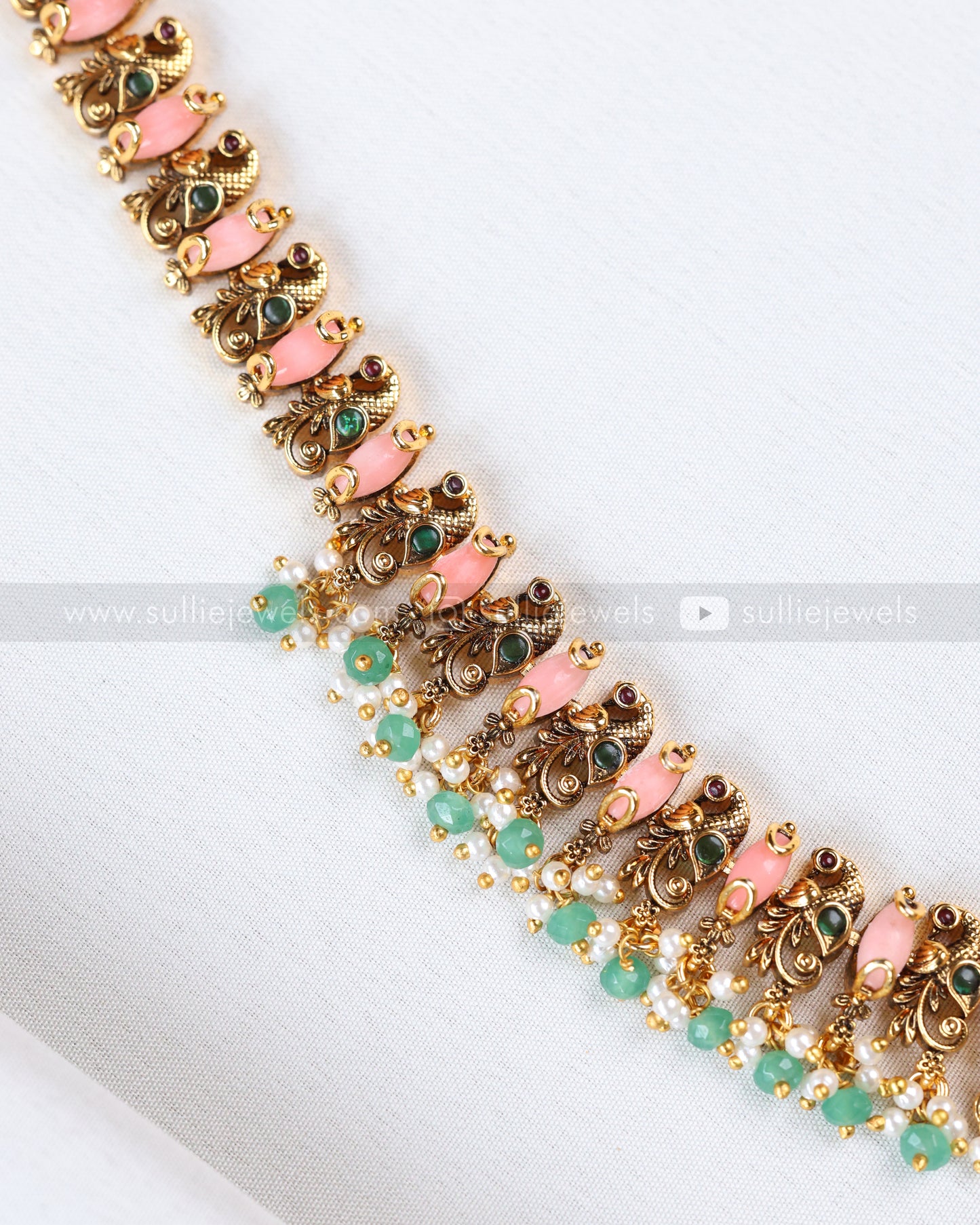 7211 - Peacock Peach Guttapusalu Haram with Mint beads and Earrings