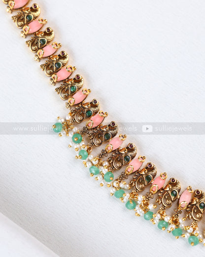 7211 - Peacock Peach Guttapusalu Haram with Mint beads and Earrings