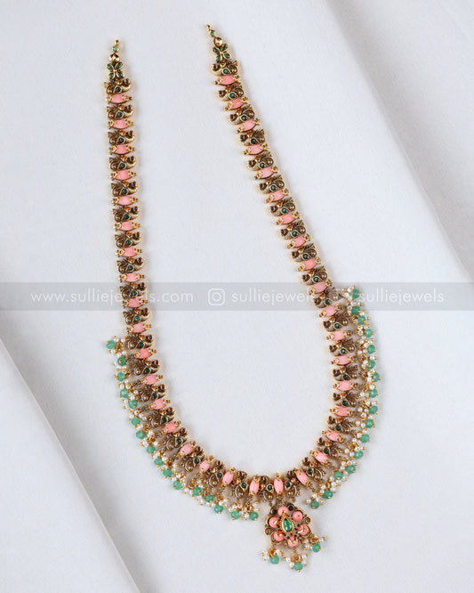 7211 - Peacock Peach Guttapusalu Haram with Mint beads and Earrings
