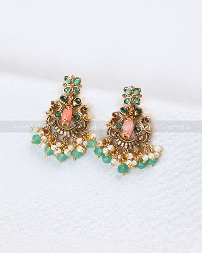 7211 - Peacock Peach Guttapusalu Haram with Mint beads and Earrings