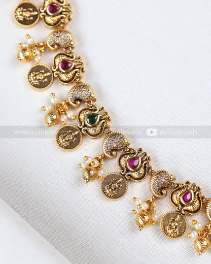 3900 - AD Stone Lakshmi Coin Mango Necklace with Studs