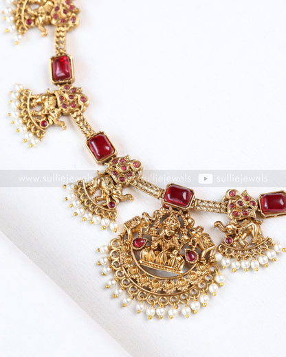 3914 - Sullie Basic Elephant Red Stone Lakshmi Necklace with Earring