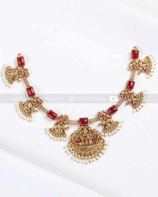 3914 - Sullie Basic Elephant Red Stone Lakshmi Necklace with Earring