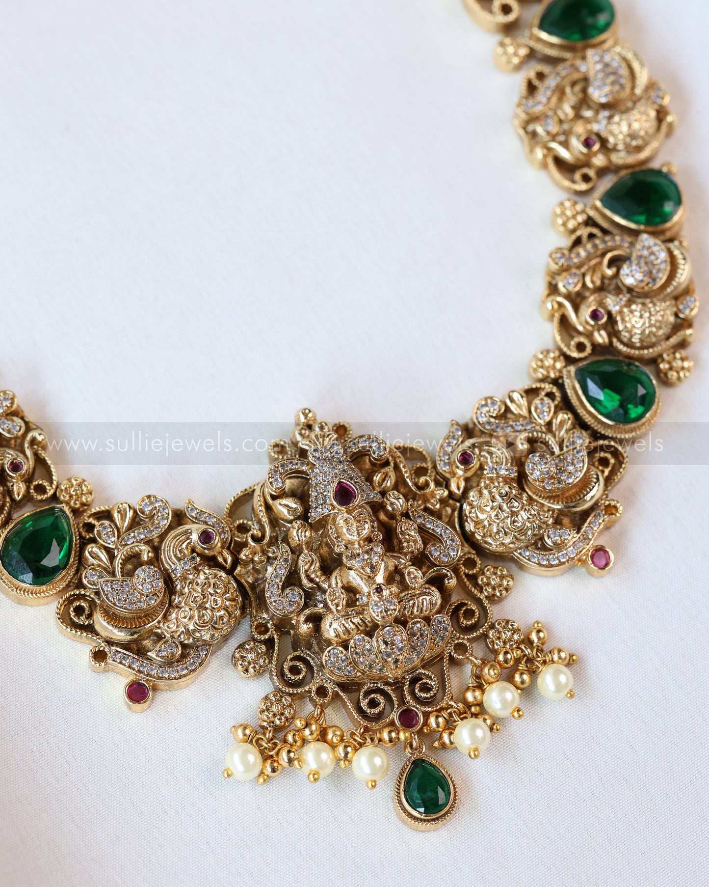 7150 - Premium Emerald Peacock Venkateshwara Stonework Haaram with Earring
