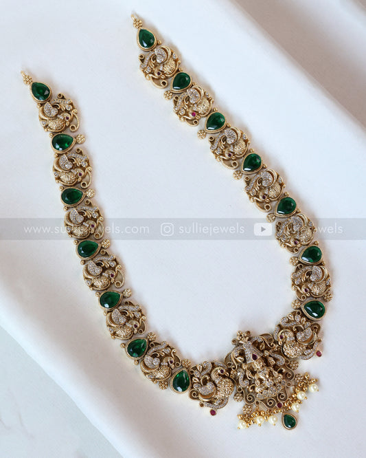 7150 - Premium Emerald Peacock Venkateshwara Stonework Haaram with Earring