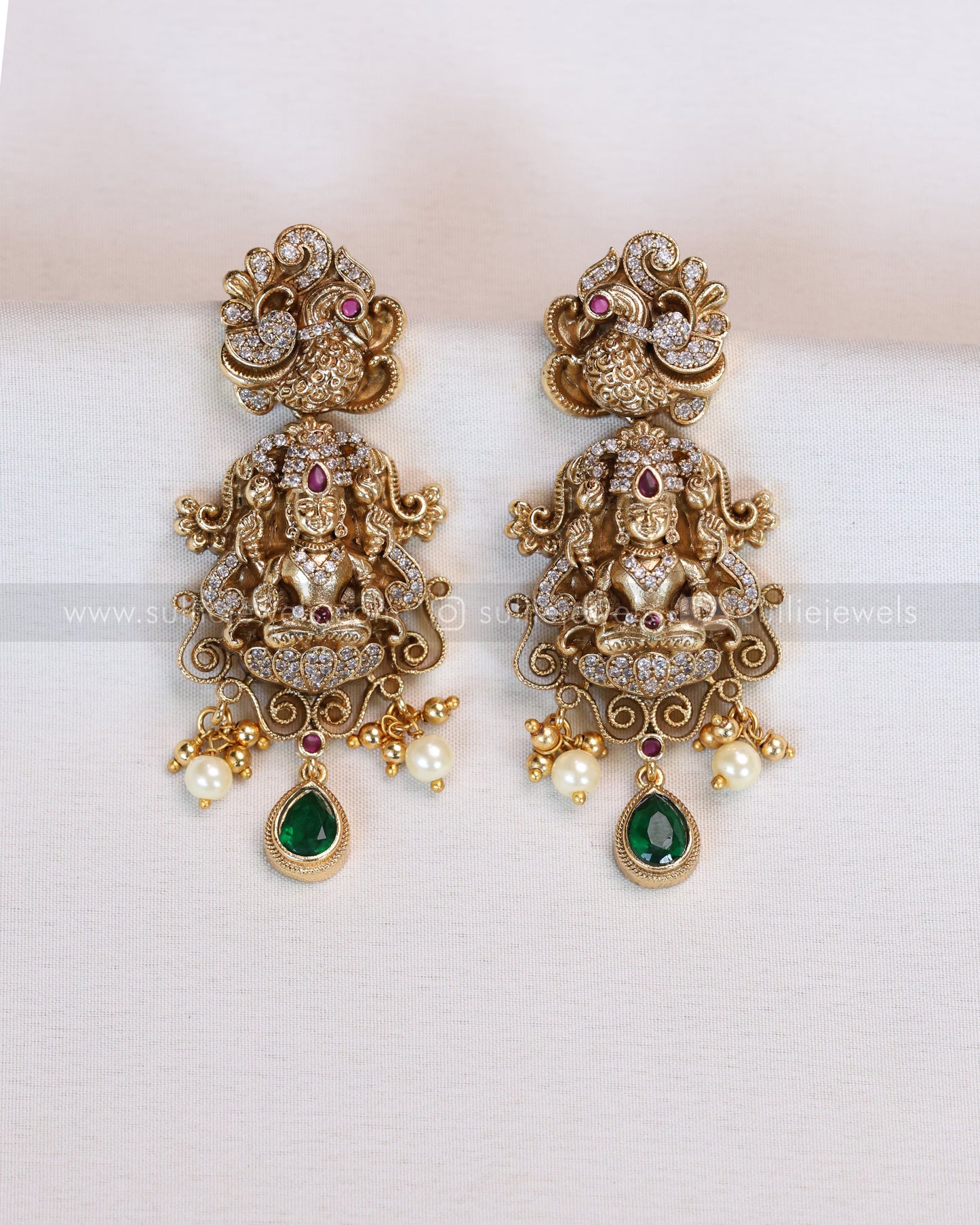 7150 - Premium Emerald Peacock Venkateshwara Stonework Haaram with Earring