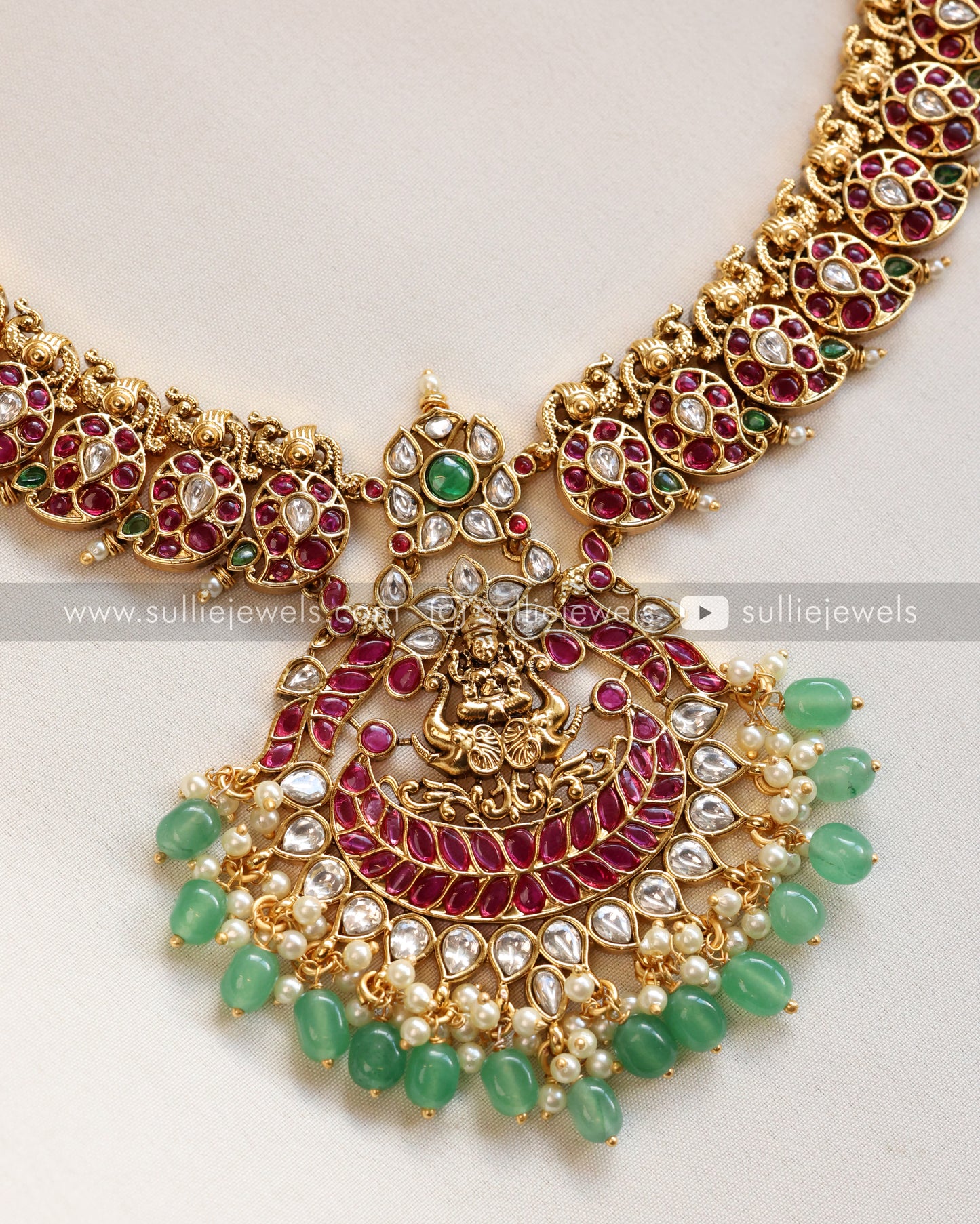 Kemp Lakshmi Premium Long Chain / Haram with Earring - Mint Beads