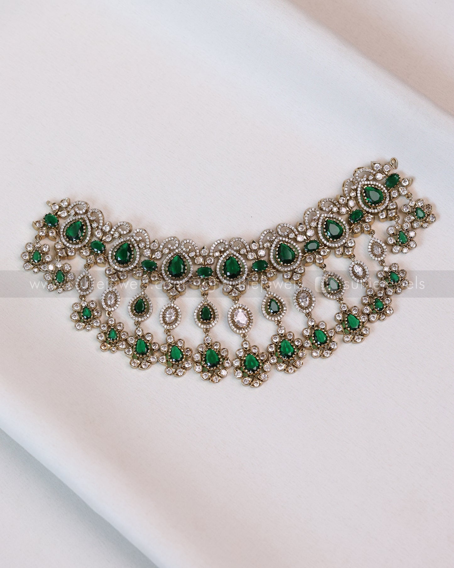 2113 - Premium Raindrop Polki Green Heavy Choker with Earrings