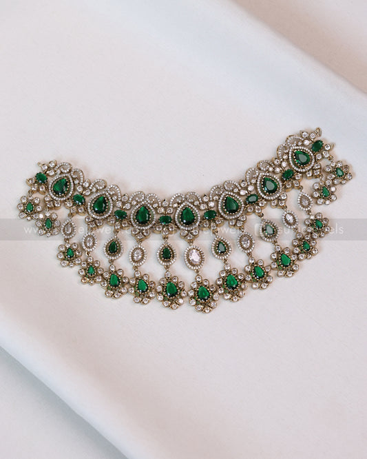 2113 - Premium Raindrop Polki Green Heavy Choker / Necklace with Earrings