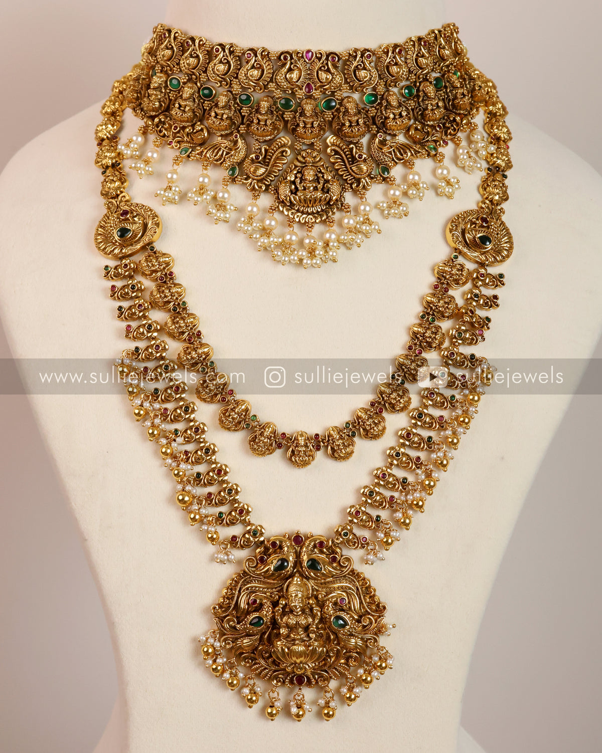 Set Di Gioielli Lunghi Nagas Lakshmi – Tradizionale Gioiello Indiano Del Sud, Placcato Oro Con Pietre Artificiali, Ideale Per Matrimonio E Festività - Foto 6