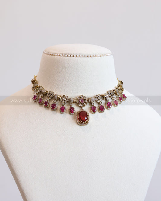 Ruby Premium Victorian Pendant Necklace with Earring