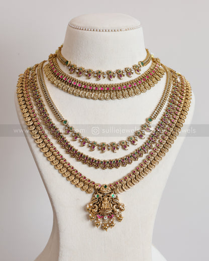 AD Gold Mango Coin Lakshmi Minimal Bridal Combo ( 8 piece )