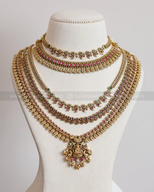 AD Gold Mango Coin Lakshmi Minimal Bridal Combo ( 8 piece )