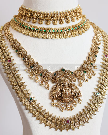 Lakshmi Coin Stone Emerald Premium Bridal Combo ( 6 piece )