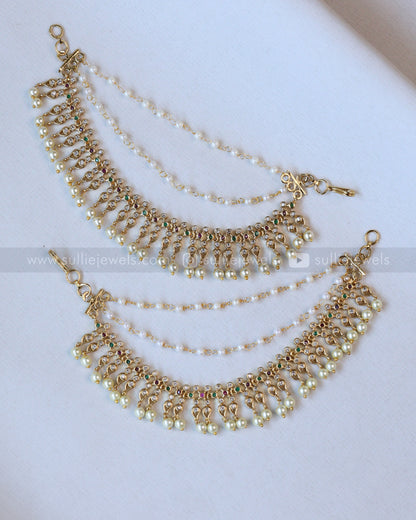 White Stone & Pearl Hanging Earchain / Maatti