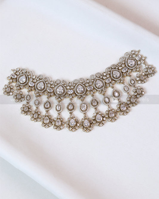 2109 - Premium Raindrop Polki White Heavy Choker / Necklace with Earrings