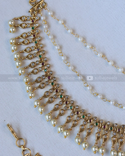 White Stone & Pearl Hanging Earchain / Maatti