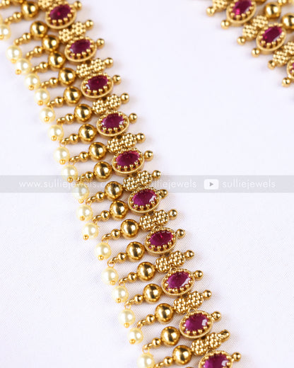 7196 - Ruby Gold Pearl Long Chain / Haaram with Stud