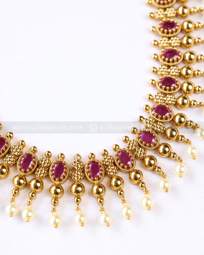7196 - Ruby Gold Pearl Long Chain / Haaram with Stud