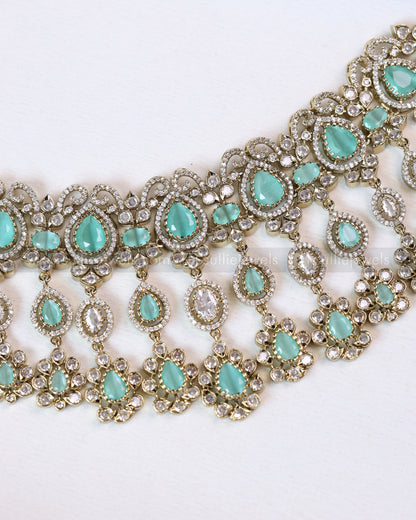 2111 - Premium Raindrop Polki Pastel Blue Heavy Choker with Earrings