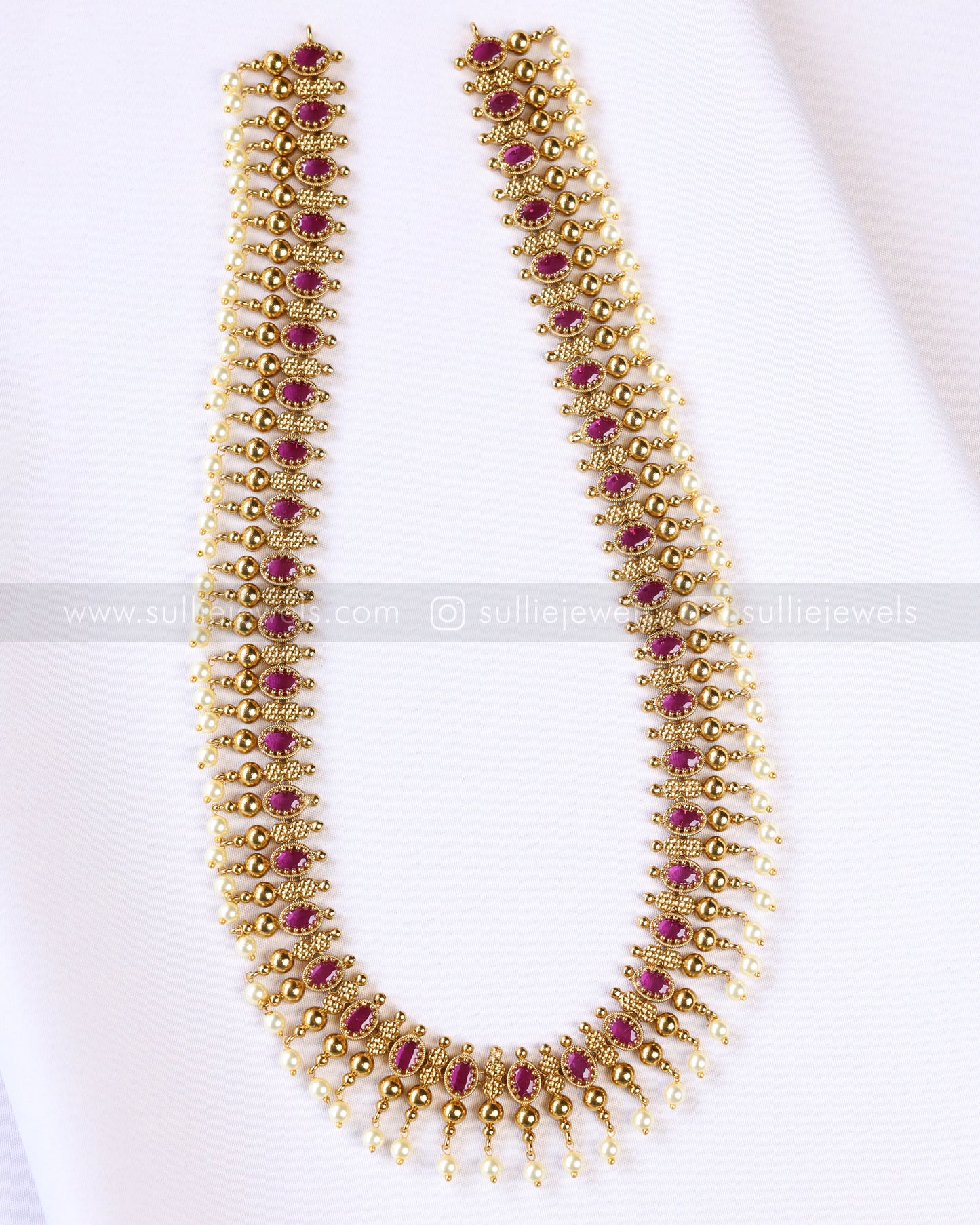 7196 - Ruby Gold Pearl Long Chain / Haaram with Stud