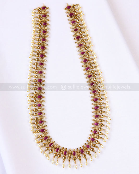 7196 - Ruby Gold Pearl Long Chain / Haaram with Stud
