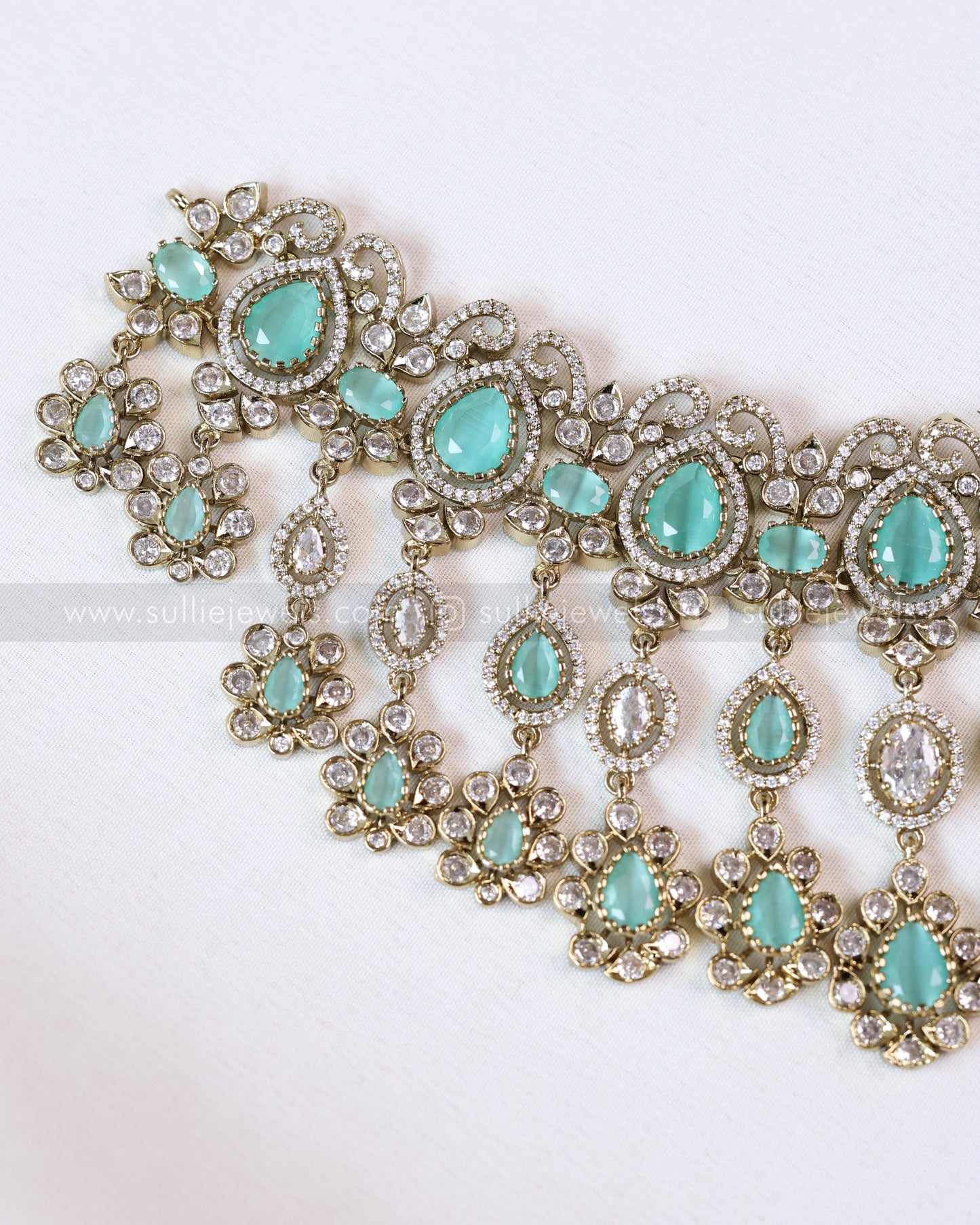 2111 - Premium Raindrop Polki Pastel Blue Heavy Choker with Earrings