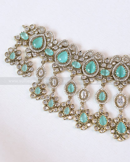2111 - Premium Raindrop Polki Pastel Blue Heavy Choker with Earrings