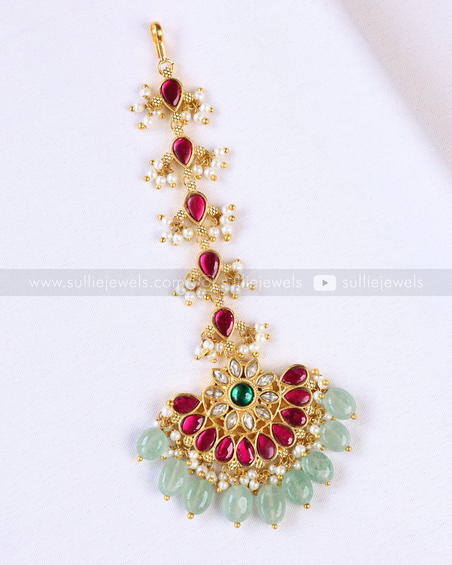 1087 - Floral Chandbali Tikka with Mint beads