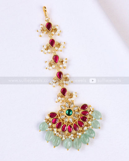 1087 - Floral Chandbali Tikka with Mint beads