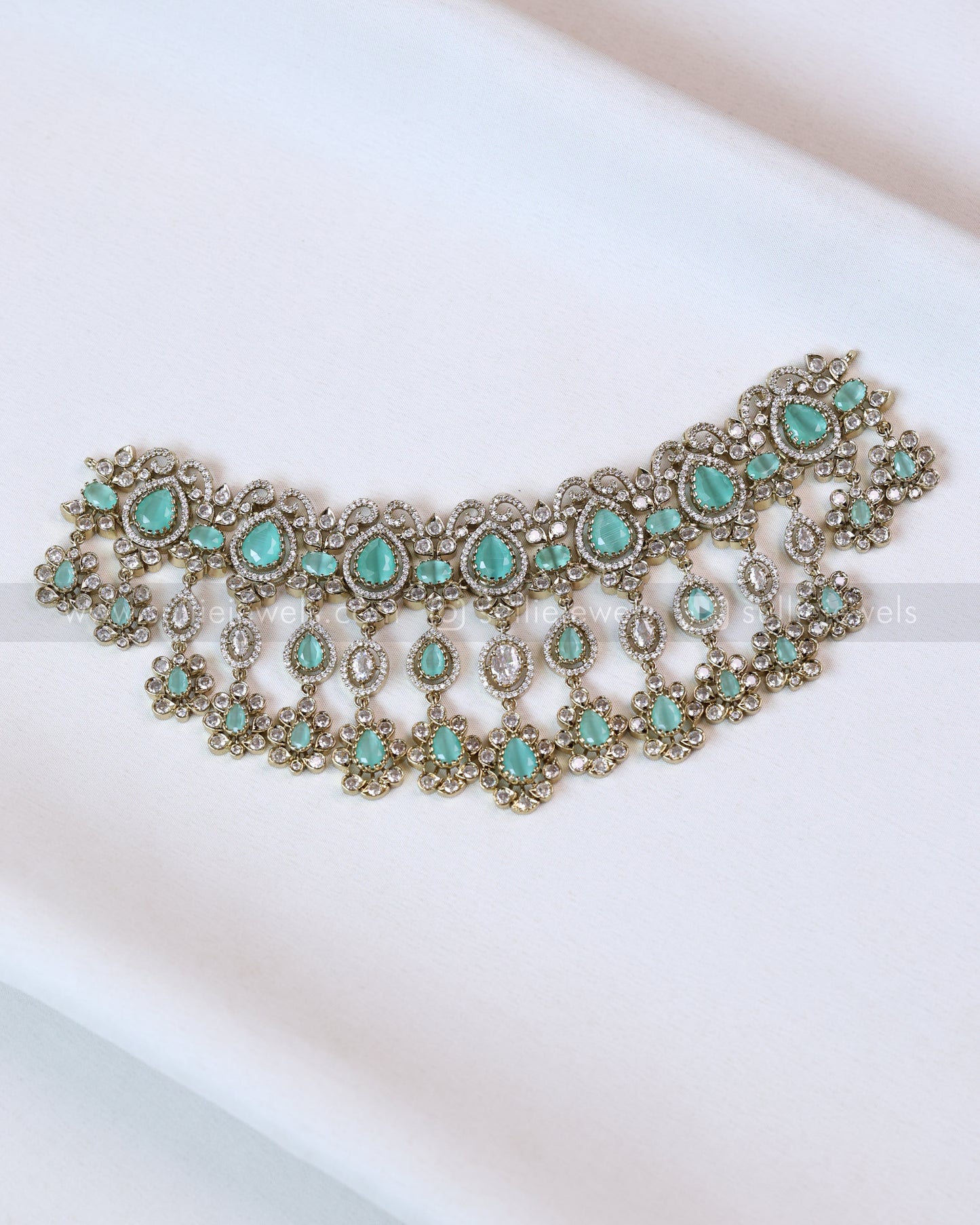 2111 - Premium Raindrop Polki Pastel Blue Heavy Choker with Earrings