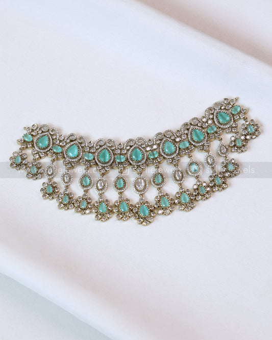 2111 - Premium Raindrop Polki Pastel Blue Heavy Choker with Earrings