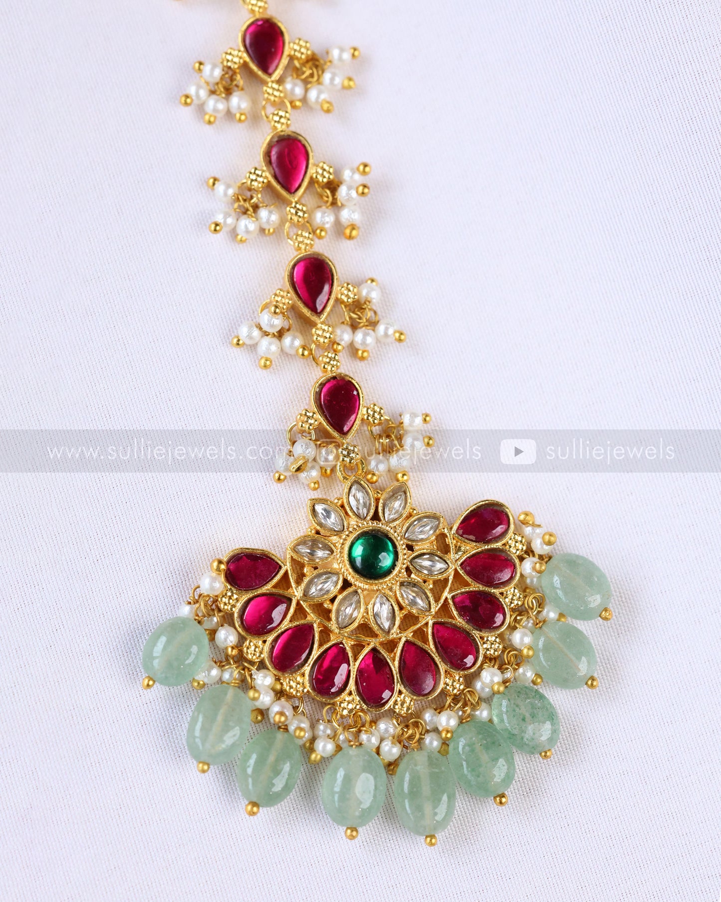 1087 - Floral Chandbali Tikka with Mint beads
