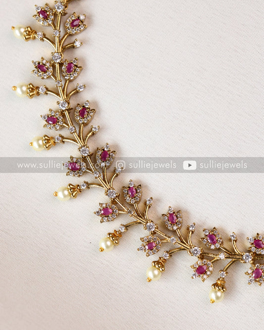 AD Leaf Design Ruby Necklace with Earring