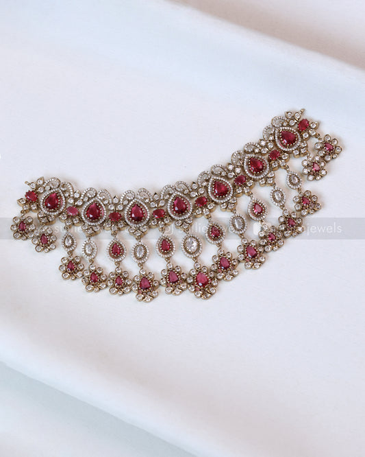 2112 - Premium Raindrop Polki Ruby Heavy Choker / Necklace with Earrings
