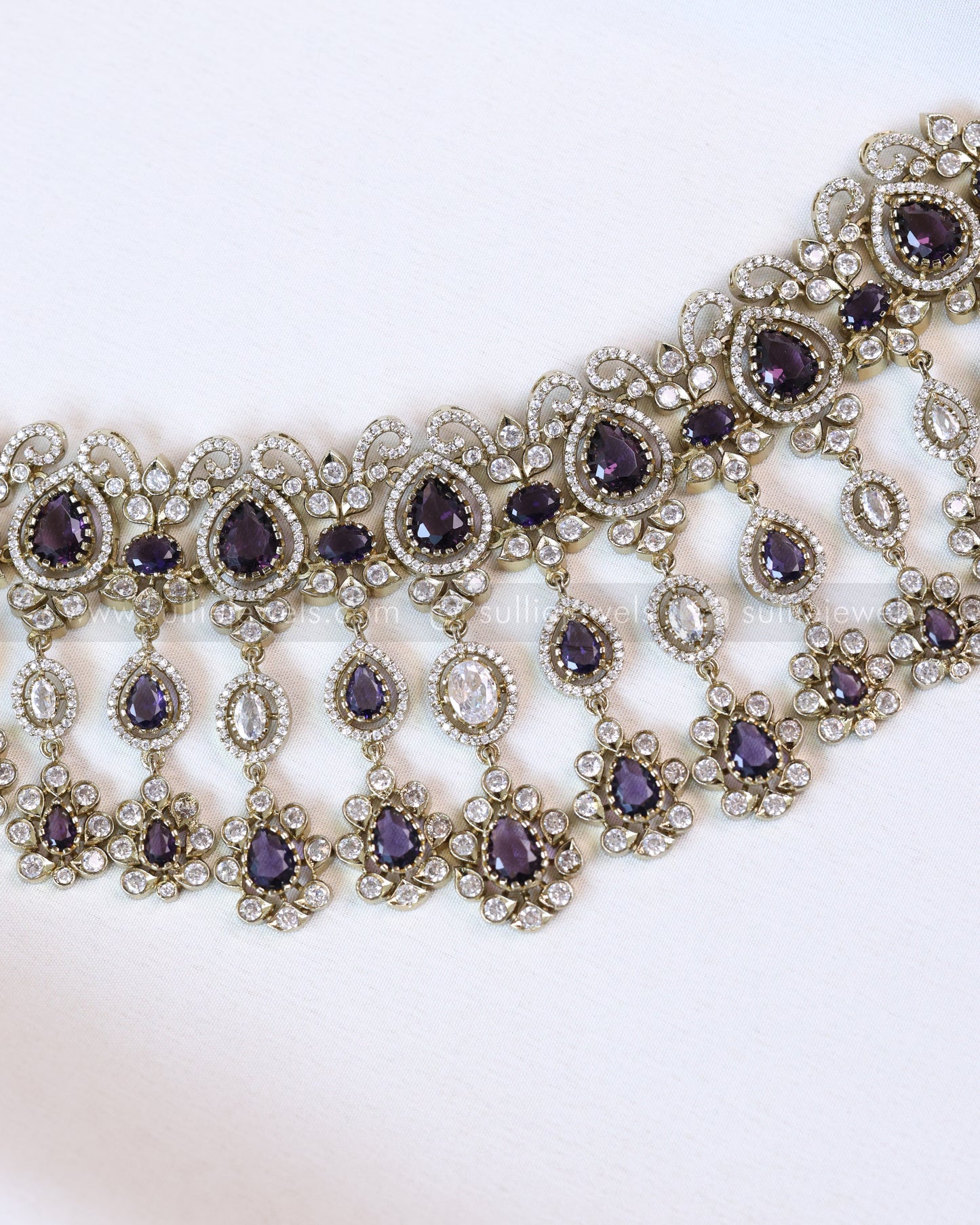 2114 - Premium Raindrop Polki Violet Heavy Choker with Earrings