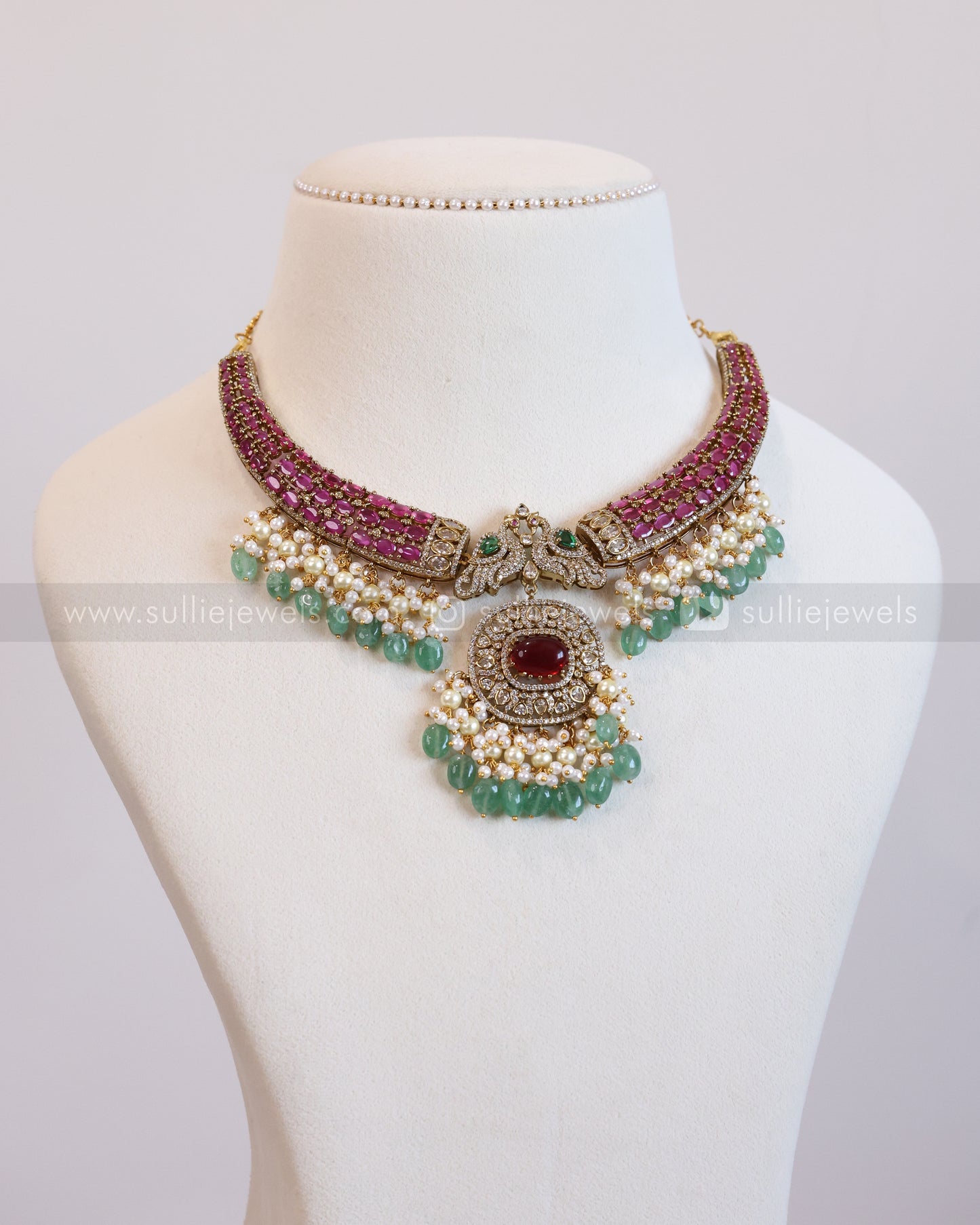 3600 - Designer Emerald & Ruby Floral Hasli with Earring