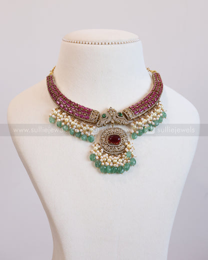 3600 - Designer Emerald & Ruby Floral Hasli with Earring