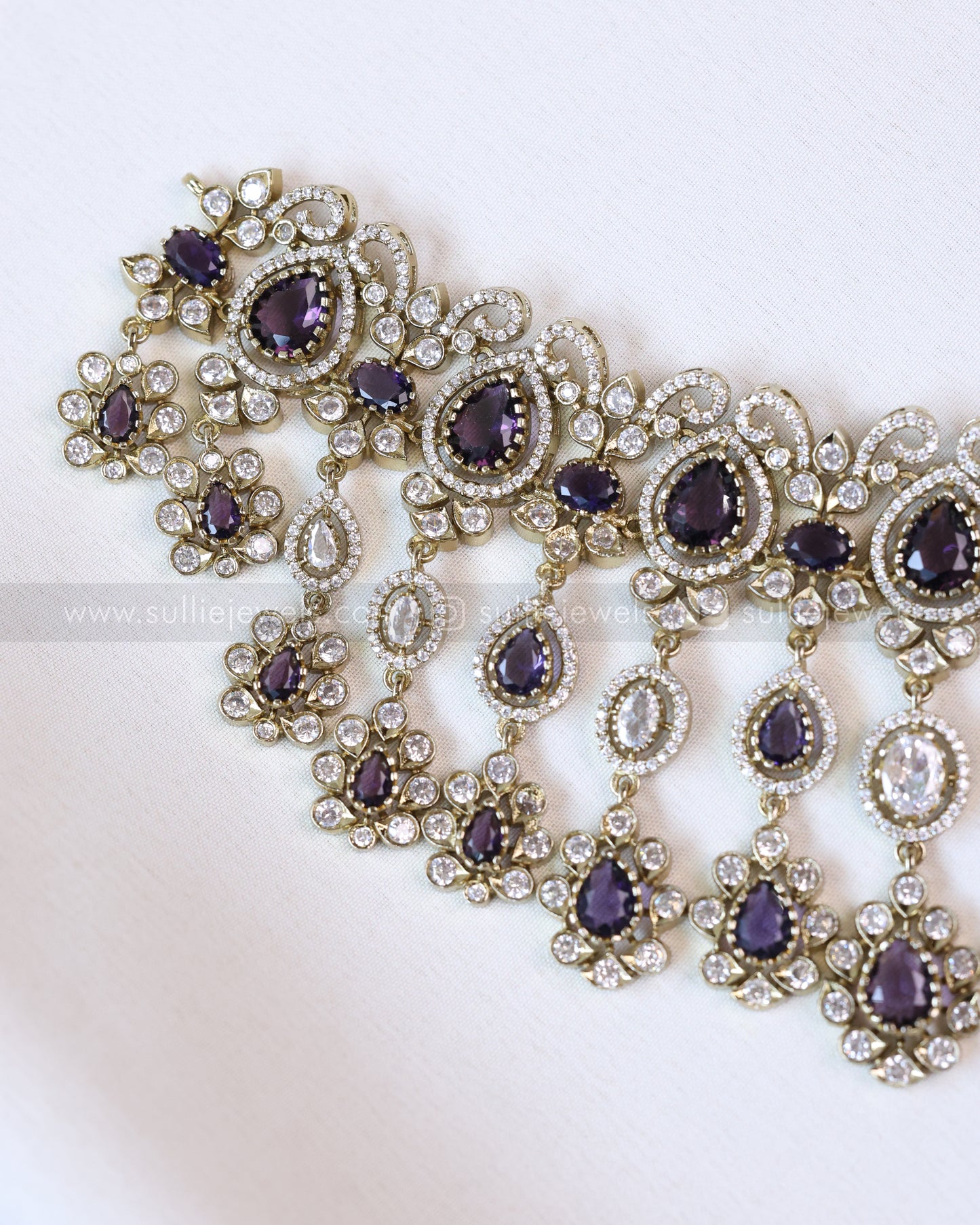 2114 - Premium Raindrop Polki Violet Heavy Choker with Earrings
