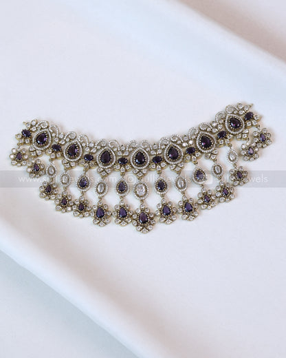 2114 - Premium Raindrop Polki Violet Heavy Choker with Earrings