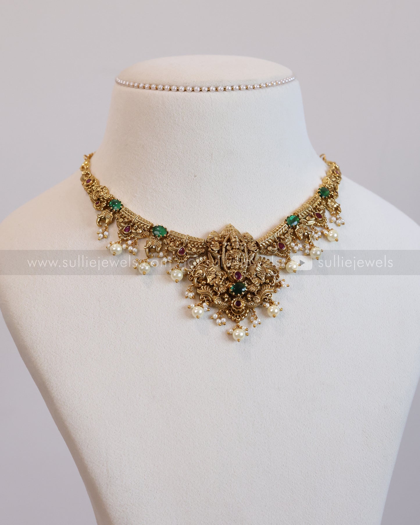 3602 - Venkateshwara & Lakshmi Designer Green Stone Necklace with Earring