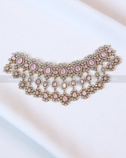 2110 - Premium Raindrop Polki Pastel Pink Heavy Choker with Earrings