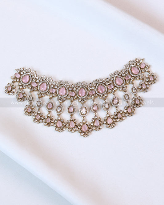 2110 - Premium Raindrop Polki Pastel Pink Heavy Choker with Earrings
