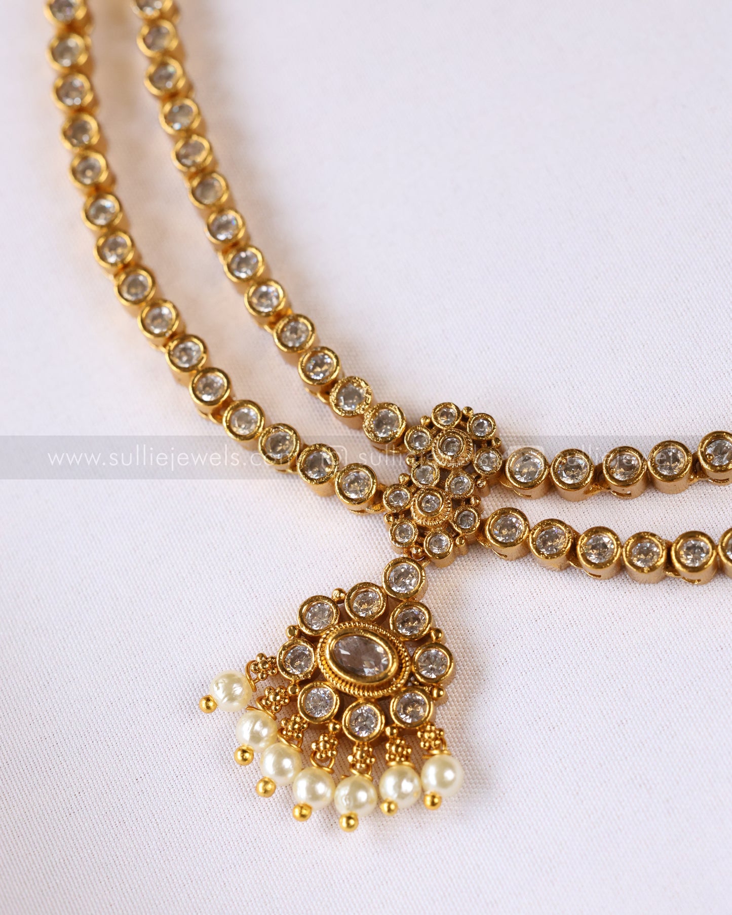 3926 - White Stone 2 Layer Attigai Necklace with Stud