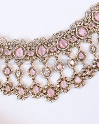 2110 - Premium Raindrop Polki Pastel Pink Heavy Choker with Earrings