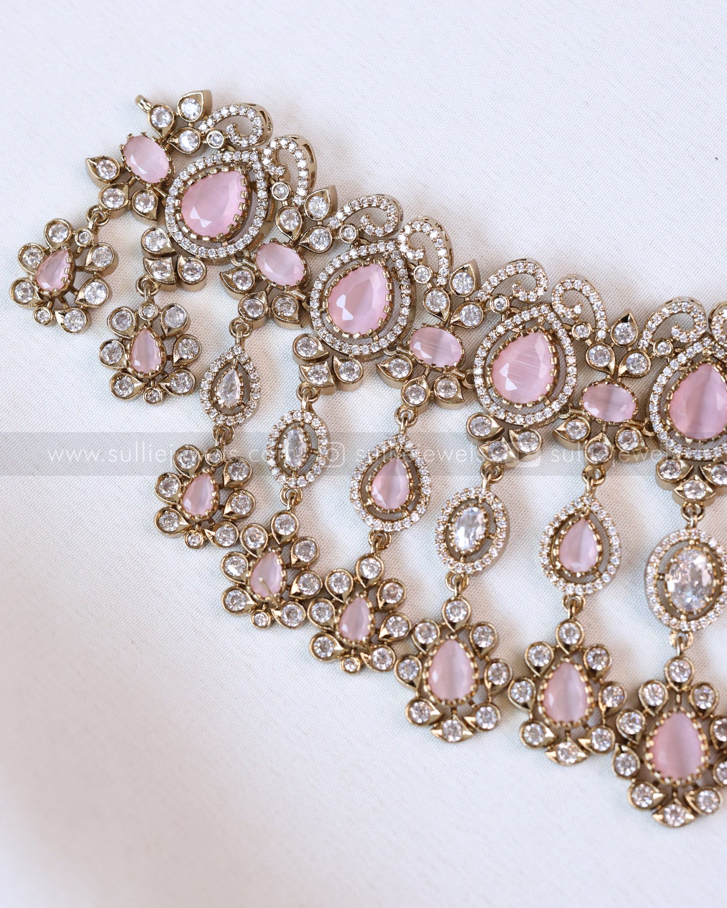 2110 - Premium Raindrop Polki Pastel Pink Heavy Choker with Earrings