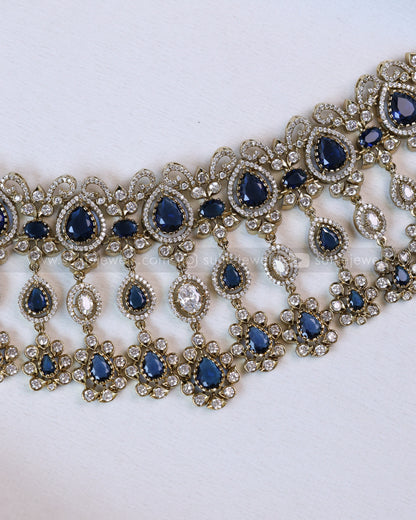 2115 - Premium Raindrop Navy Blue Heavy Choker with Earrings